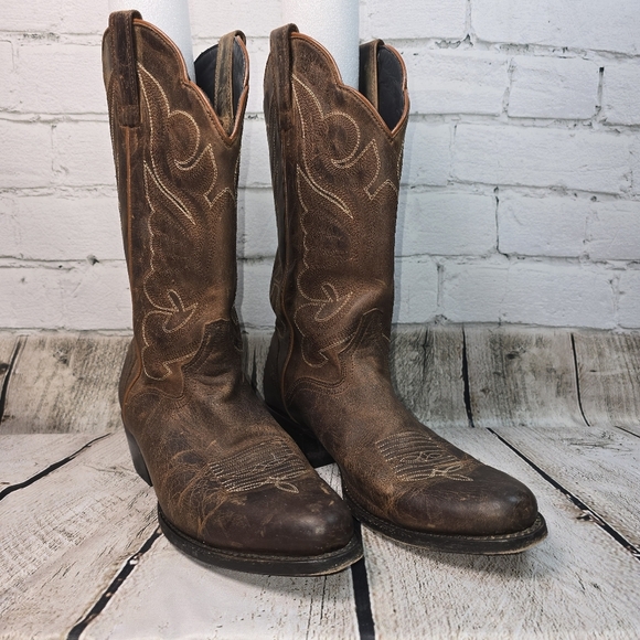 J.B. DILLION WOMENS WESTERN BOOT SIZE 9 DARK BROWN DISTRESSED ROUND TOE WOMENS - Picture 3 of 13